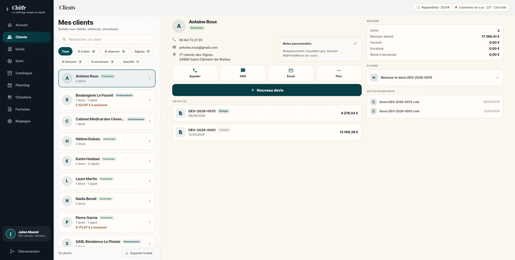 Fiches clients Chiffr avec historique des devis et factures