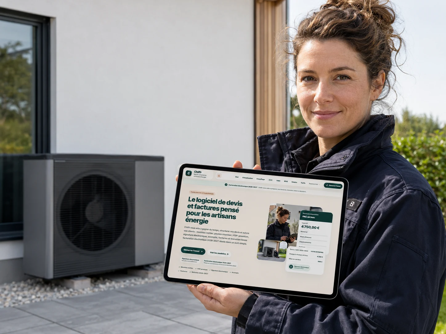 Technicienne énergie présentant Chiffr sur tablette devant une pompe à chaleur