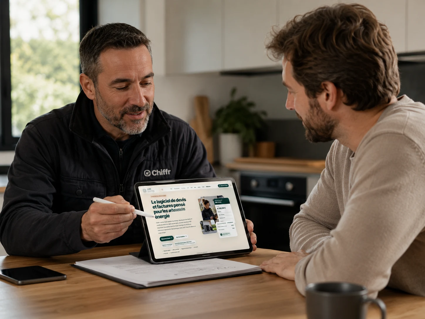Artisan et client consultant Chiffr sur tablette