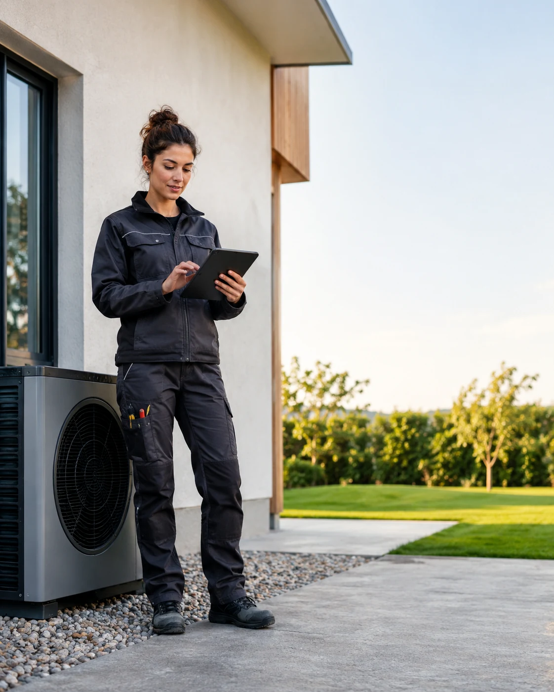 Artisan énergie utilisant une tablette sur chantier