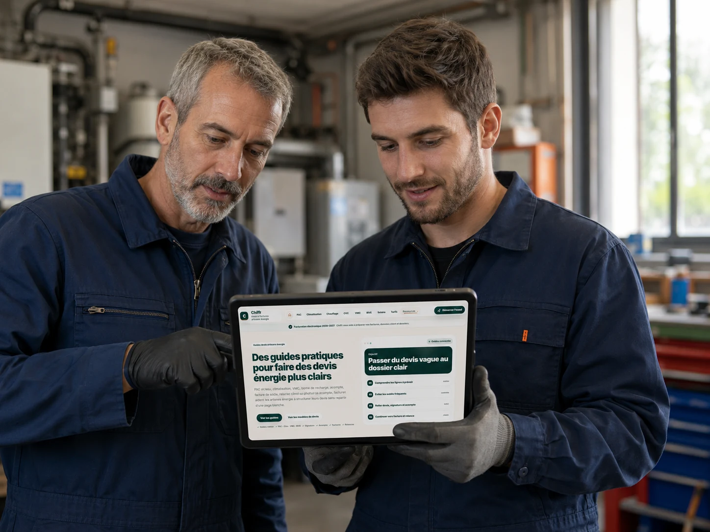 Deux professionnels consultant un dossier client sur tablette