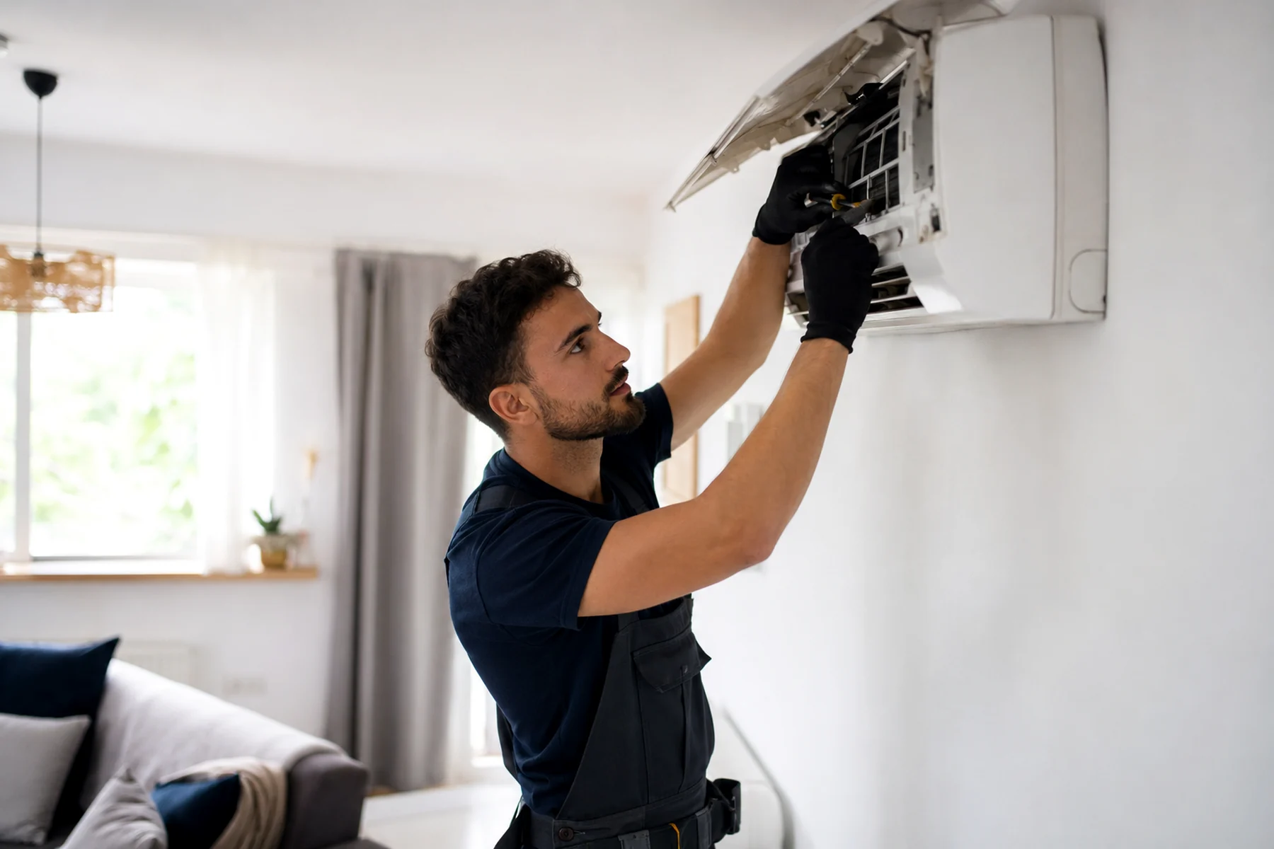 Technicien installant une climatisation murale