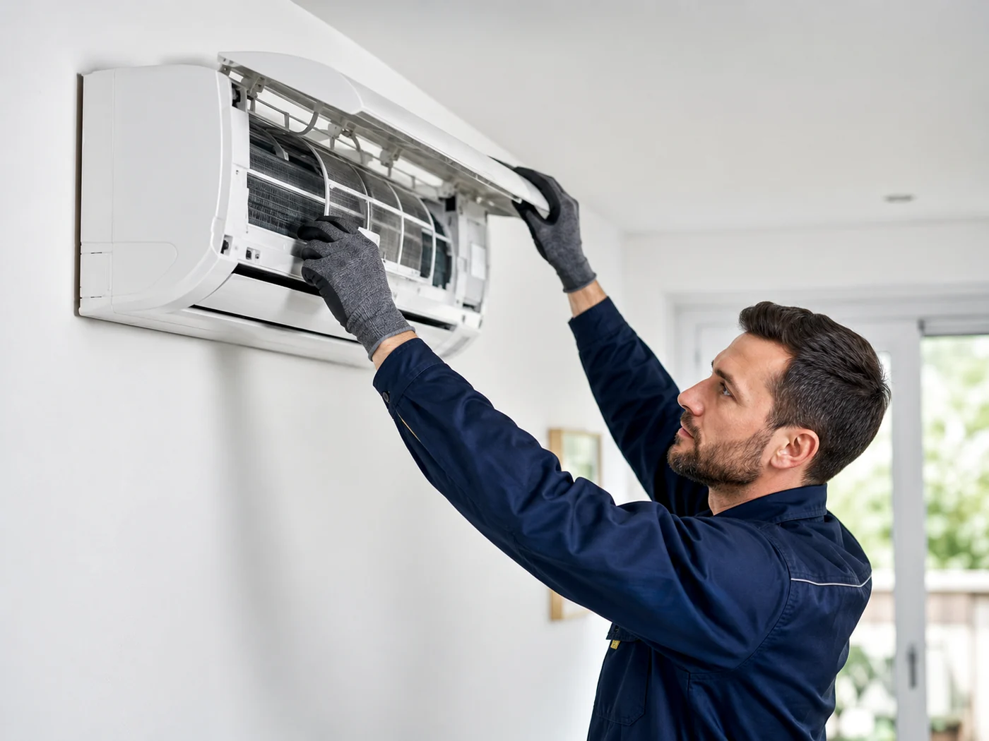 Technicien travaillant sur une climatisation intérieure