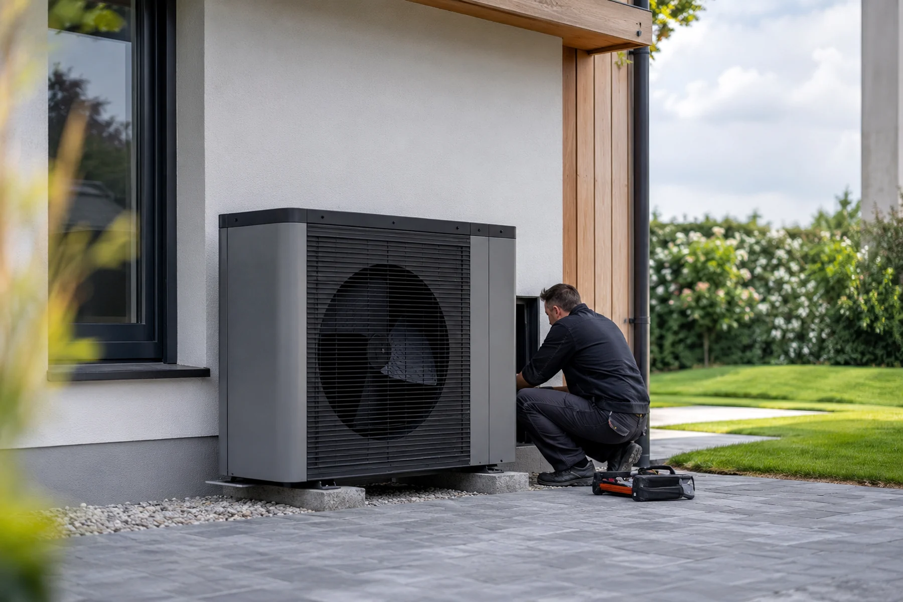 Pompe à chaleur installée près d’une maison moderne