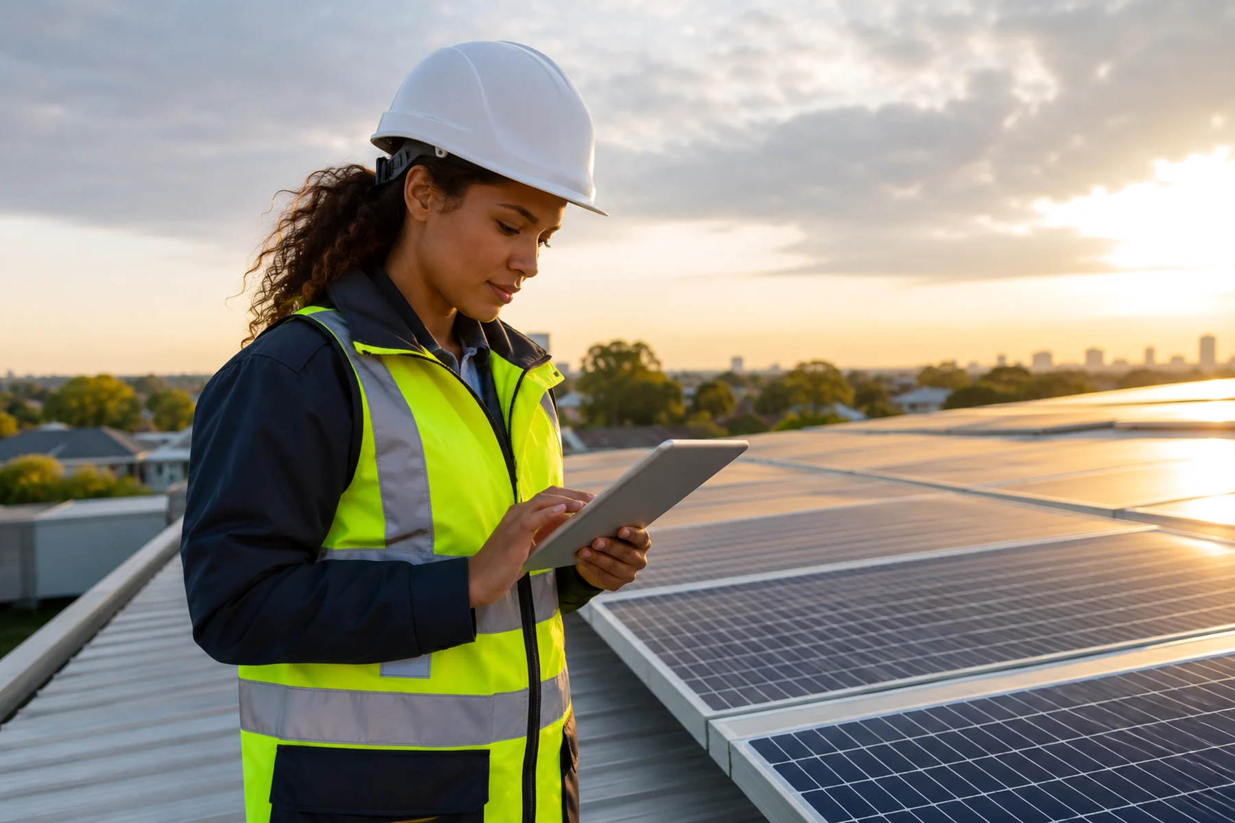 Technicienne solaire utilisant une tablette sur une toiture